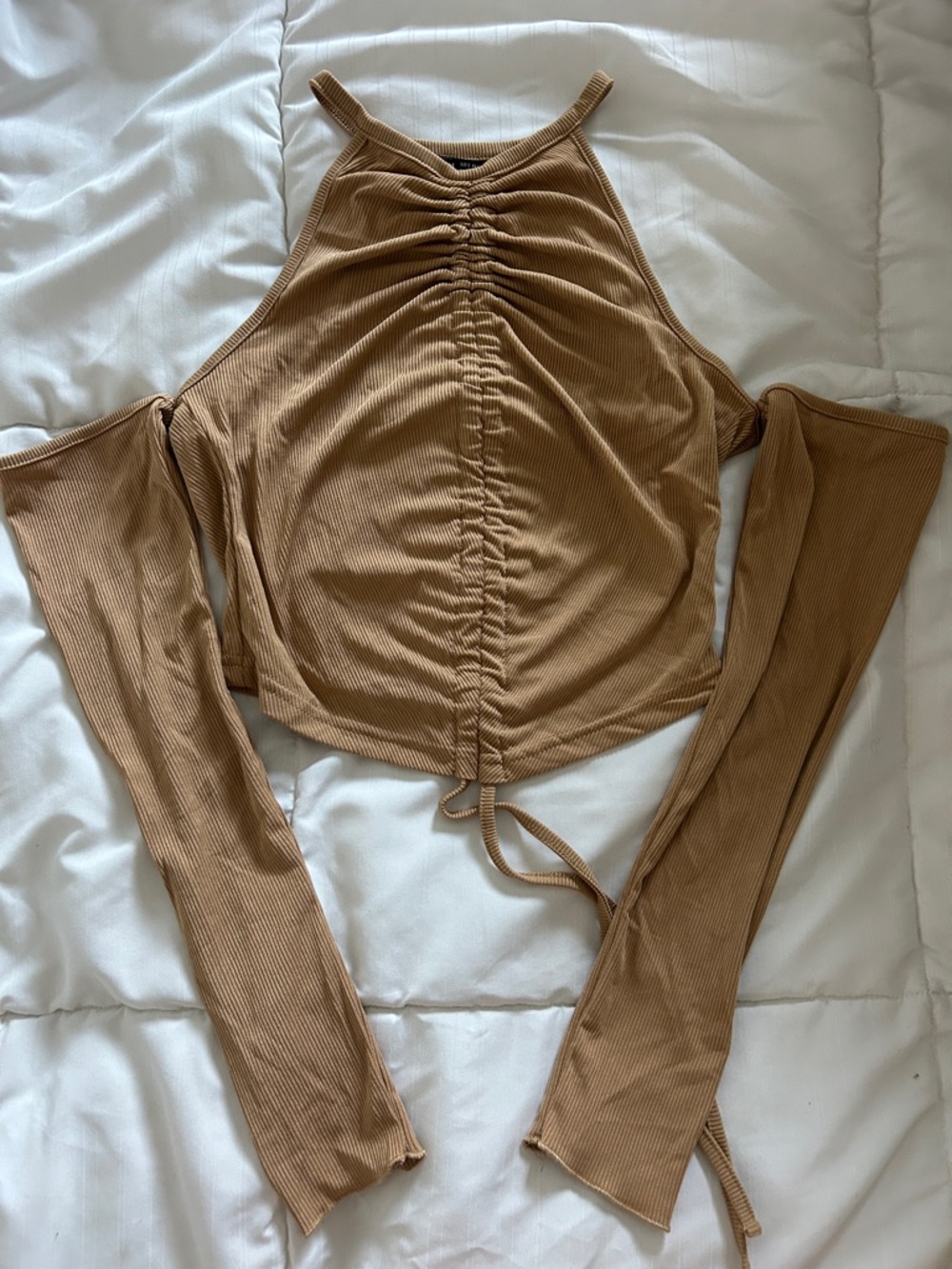 Ruched Halter Cold-Shoulder Top - Caramel Brown